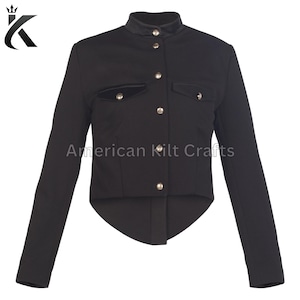 May include: A black cropped jacket with a stand-up collar, long sleeves, and silver buttons. The jacket has two flap pockets and a pointed hem.