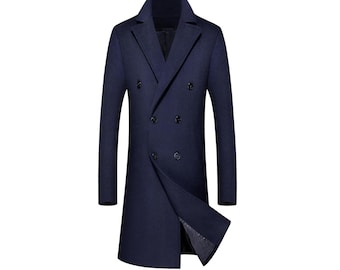 Cappotto lungo invernale da uomo in lana Melton blu - Trench coat