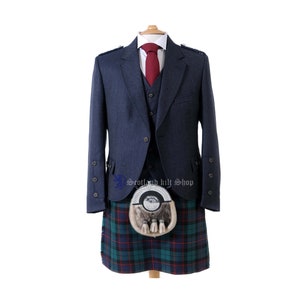 May include: A navy blue kilt outfit with a matching jacket, waistcoat, and kilt. The kilt has a green, blue, and red tartan pattern. The jacket has a red tie and a white shirt. The outfit is accessorised with a sporran.