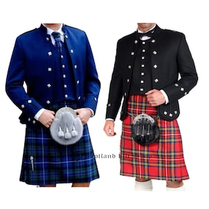 May include: Two men wearing traditional Scottish kilts. One man is wearing a blue kilt with a black jacket and the other man is wearing a red kilt with a black jacket. Both men are wearing white shirts and black bow ties.