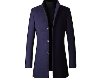 Cappotto lungo da uomo in lana Melton blu, ideale per il lavoro e il tempo libero.