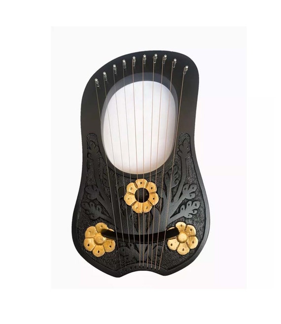 Handmade Sheesham Lyre Harp 10 Metal String Black Flower Design