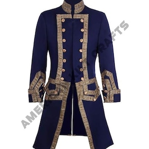 May include: A navy blue coat with gold trim and buttons. The coat has a high collar and a double-breasted closure.