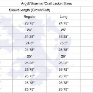 May include: A chart showing jacket sizes for men's jackets. The chart includes measurements for chest, waist, sleeve length, and jacket length. The measurements are in inches.