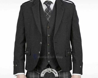 Custom Made Scottish Charcoal Grey Tweed Wool Argyle Kilt Jacket With Vest - Highland Wedding Argyll Jacket For Men | Chest 34" to 54 Inch