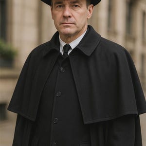 May include: A man wearing a black fedora hat, a black cape, and a black overcoat. The man is wearing a white collared shirt and a black tie. The background is a blurred outdoor scene with a building.