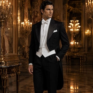Könnte beinhalten: Ein formeller schwarzer Smoking mit weißer Weste, Fliege und Einstecktuch. Die Jacke hat lange Schöße. Der Mann steht in einem großen Saal mit opulenten Kronleuchtern und goldenen Akzenten. Das Outfit ist klassisch und elegant.