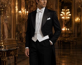 Men’s White Tie Tailcoat Tuxedo – Formal Victorian Evening Suit – Luxury Black Wedding Tailcoat – Royal Ballroom Dinner Jacket