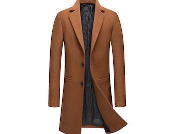 Mens Brown Long Overcoat - Vintage Long Trench Coat for Men - Mens Business Casual Slim Fit Coat - Windbreak Winter Outwear Coat - Wool Coat