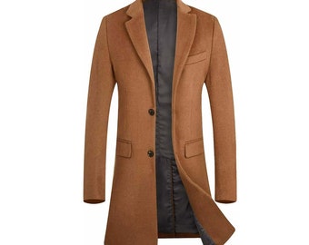 Cappotto lungo da uomo in lana Melton marrone - Trench coat in stile vintage