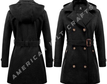 May include: Black hooded double-breasted peacoat with a belt and pockets. The coat has a classic design and is perfect for cold weather.