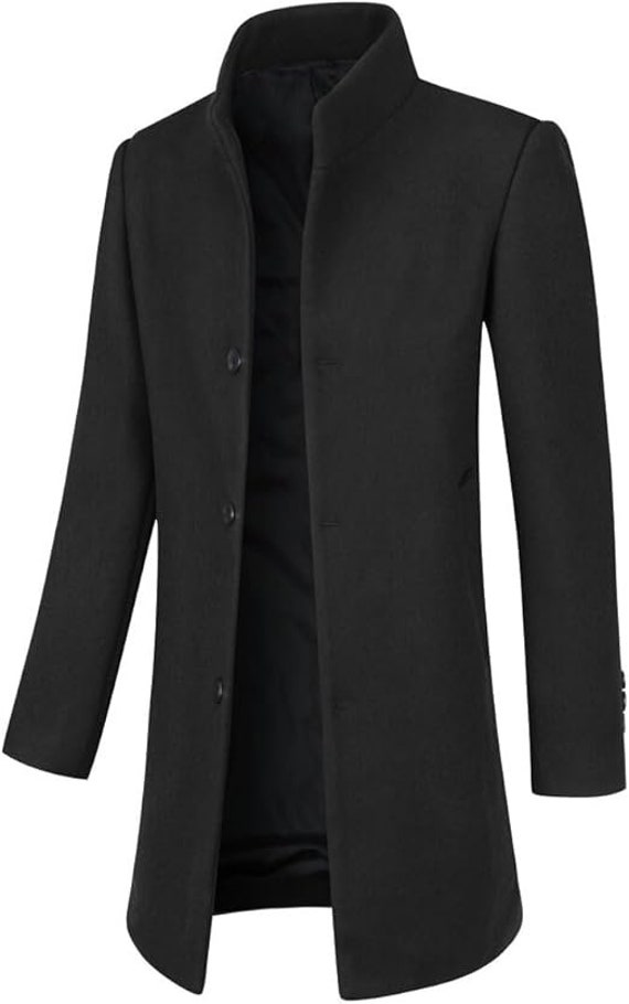 Men's Black Melton Wool Overcoat - Slim Fit Vintage Trench Coat