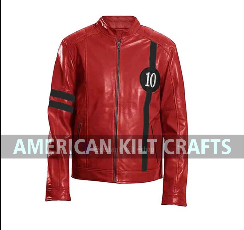 May include: Red leather jacket with black stripes and a black circle with the number 10 on the left side of the chest.