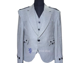 Veste de kilt Argyle gris écossais pour hommes faite à la main avec gilet - Brand New Serge Wool Wedding Argyll kilts Jackets For Men | Poitrine de 34 » à 54 pouces