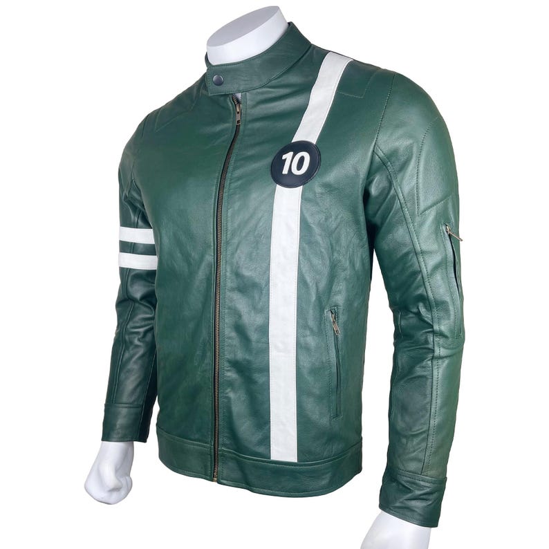 May include: A green leather jacket with a white stripe down the front and a white stripe on each sleeve. The jacket has a zip fastening and a number "10" on the front.