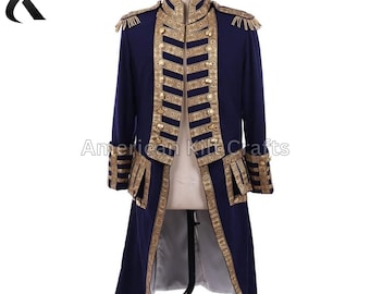 May include: A navy blue coat with gold trim and buttons. The coat has a high collar and a long, flowing tail. It is a traditional style of coat that is often worn for formal occasions.
