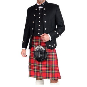 May include: A black kilt outfit with a red and black tartan kilt, a black jacket with silver buttons, and a black sporran.