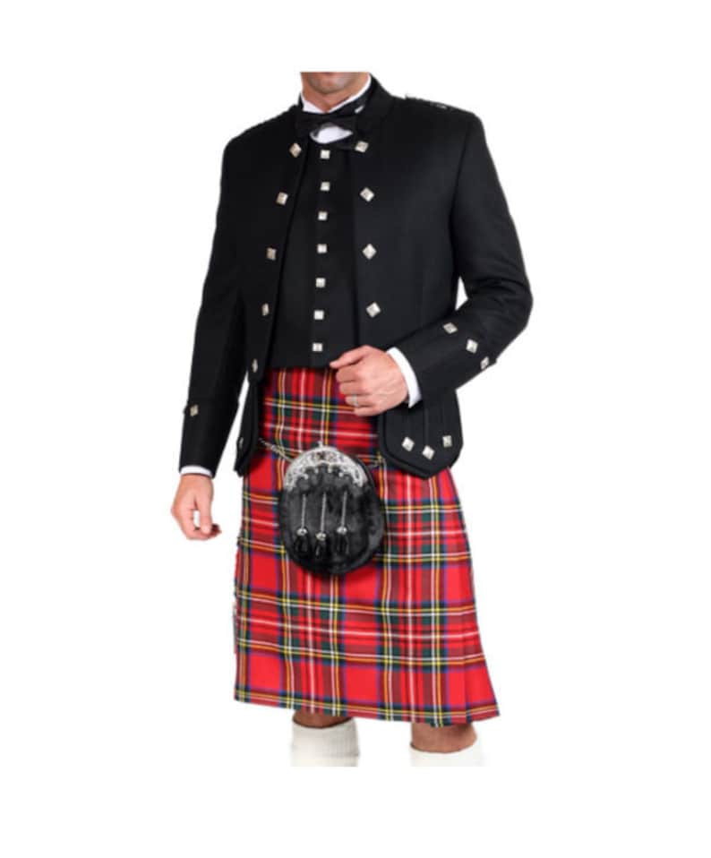 May include: A black kilt outfit with a red and black tartan kilt, a black jacket with silver buttons, and a black sporran.