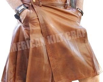 Custom made Mens Scottish Brown Leather Kilt  | Highland wedding leather fashion kilts | Leather Gay Pride Kilt