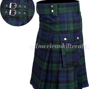 May include: A blue and green kilt with a utility pocket and a buckle closure. The kilt is made of a plaid fabric and has a pleated design.