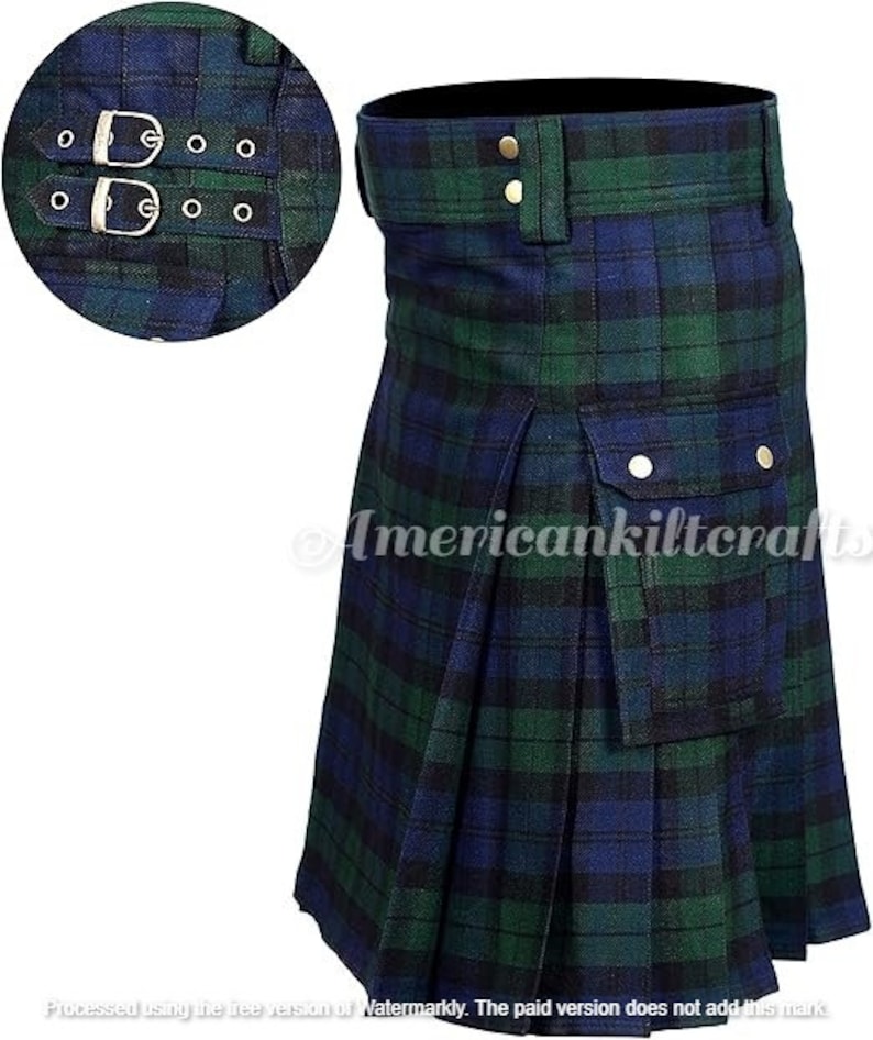 May include: A blue and green kilt with a utility pocket and a buckle closure. The kilt is made of a plaid fabric and has a pleated design.