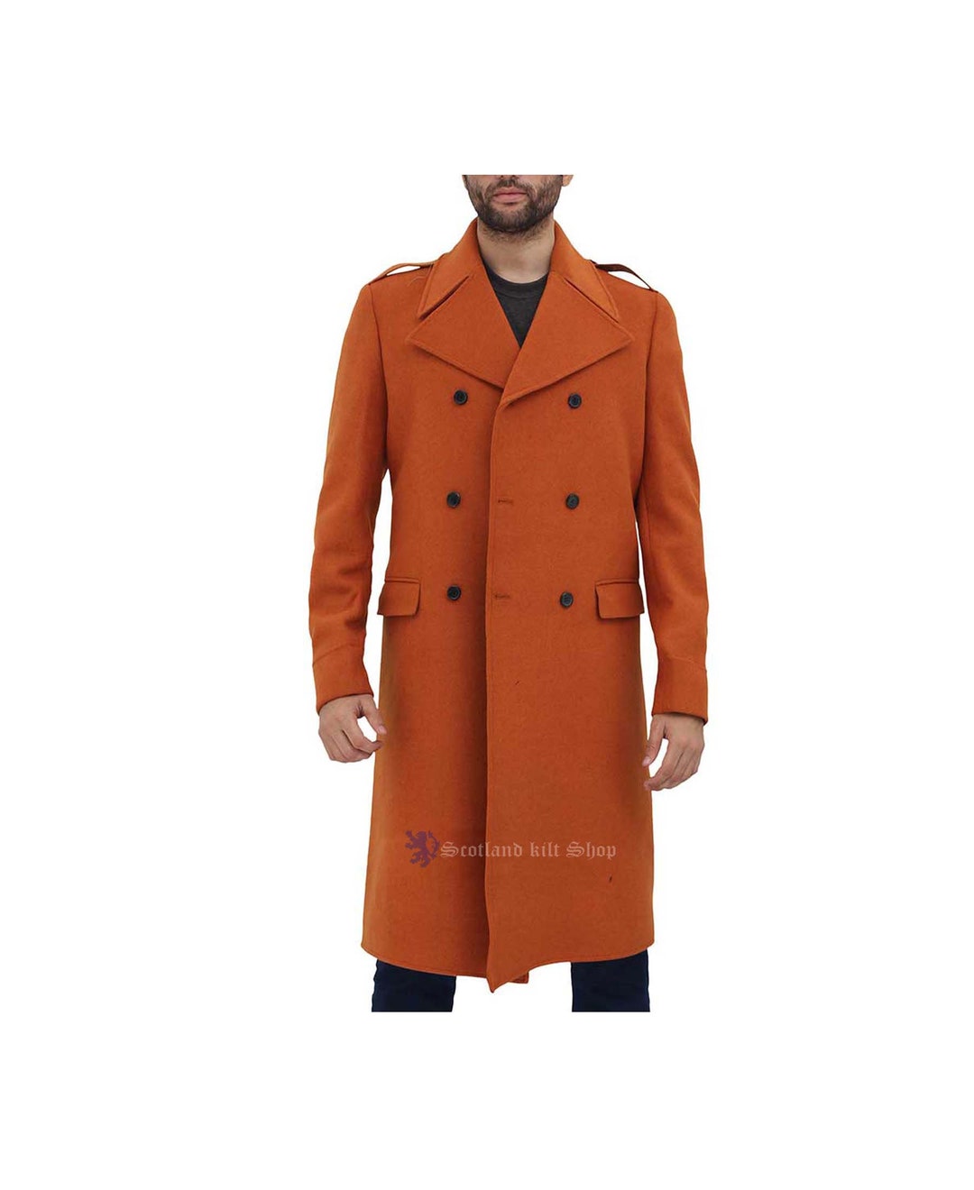 【美品】OVERCOAT Wool Shirt In Orange Mens Orange Long Overcoat - Vintage Wool Long Trench Coats - Men