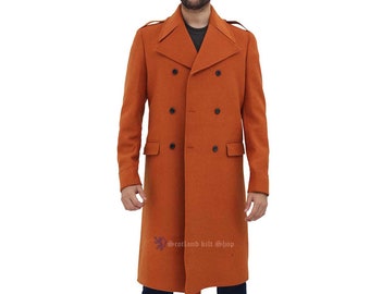 Mens Orange Long Overcoat - Vintage Wool Long Trench Coats