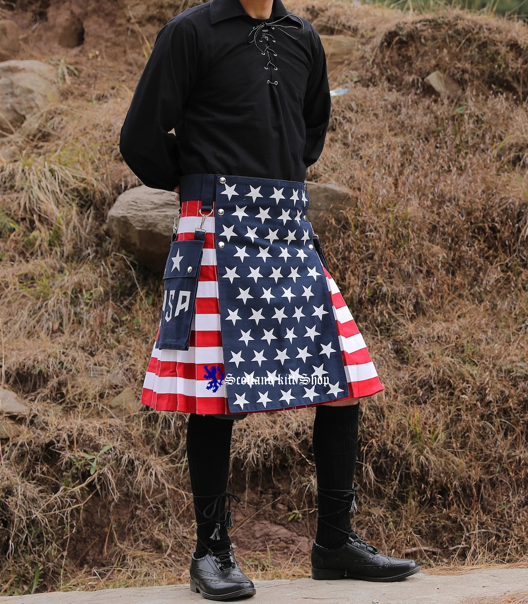 Men's USA Flag Hybrid Utility Kilt Patriotic Kilts Scottish Wedding Fashion Kilt Captain America