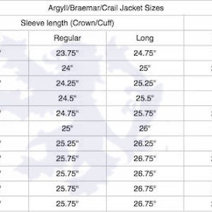 以下が含まれることがあります： Argyl、Braemar、Crailジャケットのサイズ表。胸囲、ウエスト、袖丈、ジャケット丈のインチ表示。ショート、レギュラー、ロングのサイズオプションが含まれています。