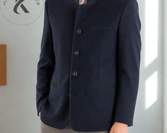 Navy Blue Bavarian Trachten Jacket – Traditional German Wool Blazer for Oktoberfest & Alpine Wear