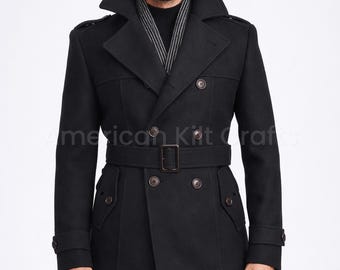 Casaco masculino de lã com abotoamento duplo | Casaco preto estilo militar com cinto | Sobretudo de inverno slim fit | Jaqueta gótica vitoriana