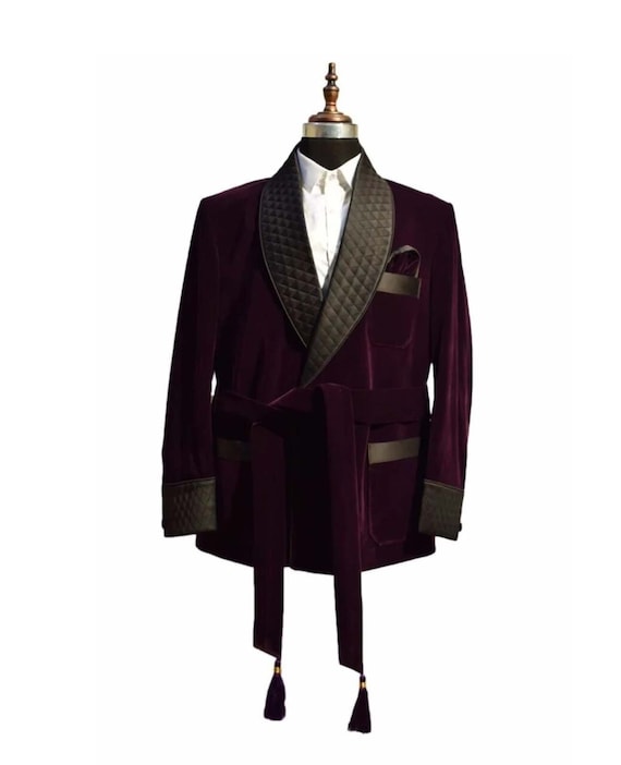 Mens Purple Velvet Smoking Jacket Evening Smoking Robe Dinner