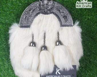 White Rabbit Fur Sporran | Scottish Kilt, Thistle Cantle & Chain
