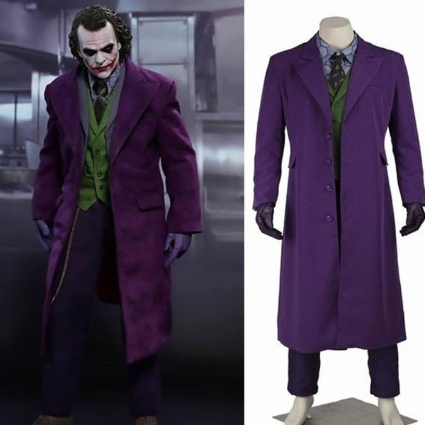 Handmade Joker Gothic Cosplay Long Coat | Men's Wool Joker Overcoat | Heath Ledger Long Trench Coat | Dark Vintage Knight Joker Purple Coat