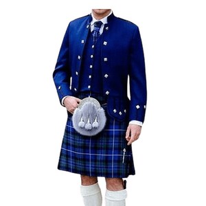 May include: A blue kilt with a matching blue jacket and vest. The jacket has silver buttons and the kilt has a plaid pattern. A silver sporran with a gray fur trim is attached to the kilt.