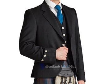 Custom Made Men's Black Scottish Argyle Kilt Jacket With Vest - Highland Wool Wedding Kilt Jackets For Mens - Argyle Coat - Kilt Accessories