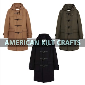 May include: Three hooded duffel coats in tan, olive green, and black. Each coat features a toggle closure, front pockets, and a hood. The coats are displayed against a white background, with the text "AMERICAN KILT CRAFTS" at the bottom.