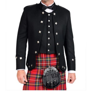 May include: A black kilt outfit with a black jacket, vest, and kilt. The jacket has silver buttons and the kilt has a red, green, and black plaid pattern. A black sporran with silver accents hangs from the kilt.