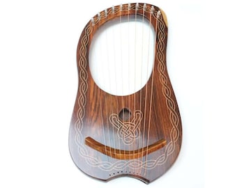 Handmade Rosewood Celtic Lyre Harp 10 Metal String | Celtic Design Lyre Harp | Irish Celtic Engraved Harp | Free Bag + Key and string set
