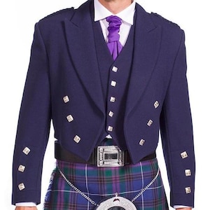 May include: A navy blue kilt jacket with silver buttons and a purple tie. The jacket is worn over a kilt with a green, blue, and purple plaid pattern.