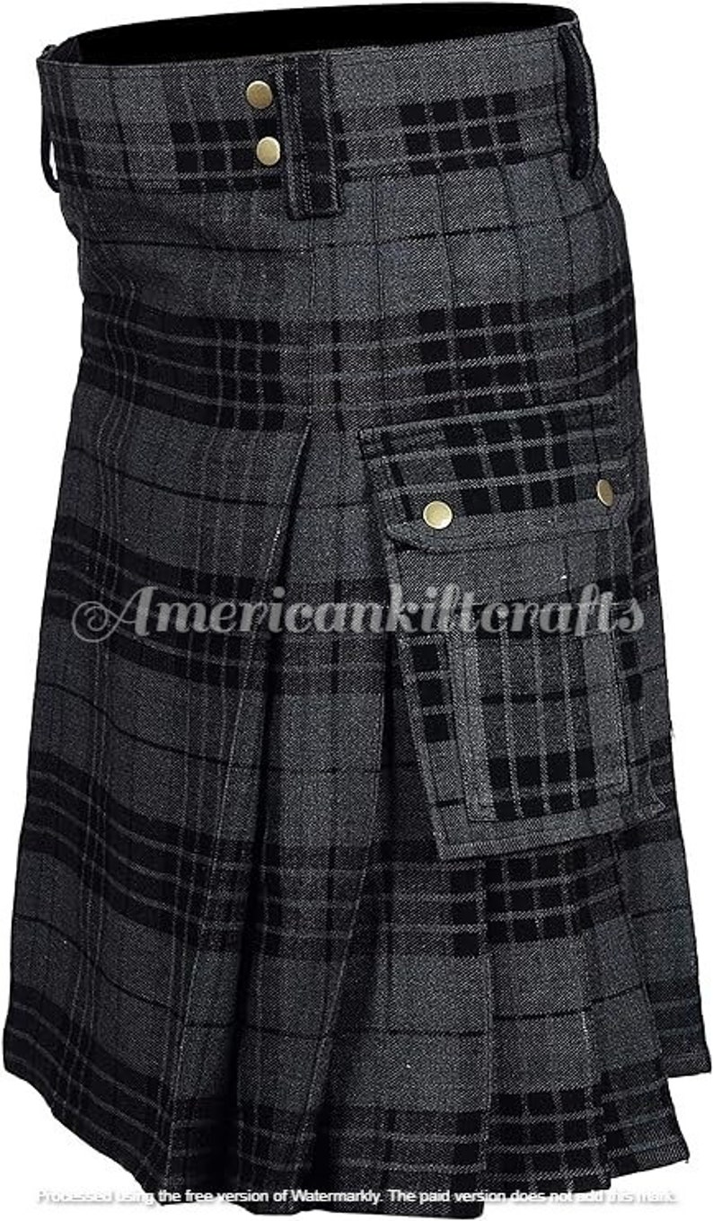 May include: A black and gray plaid kilt with a large cargo pocket on the front. The kilt has a black waistband with two brass buttons.