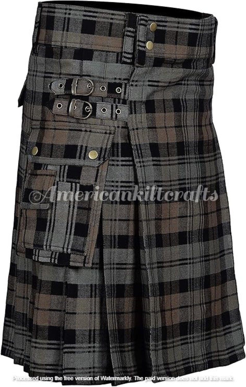 May include: A gray, black, and brown plaid kilt with a large cargo pocket on the front. The kilt has a buckle closure and is made of a woven fabric.