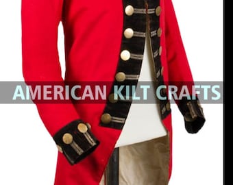 May include: A red military coat with black velvet trim and gold buttons. The coat has a long tail and is decorated with gold braid. The coat is on a mannequin and the text "AMERICAN KILT CRAFTS" is visible on the bottom.