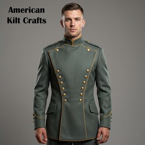 May include: A military-style jacket in a muted green hue, featuring gold-colored buttons and trim. The jacket has a high collar and a double-breasted design. The text "American Kilt Crafts" is visible in the upper left corner. The jacket has a tailored fit.
