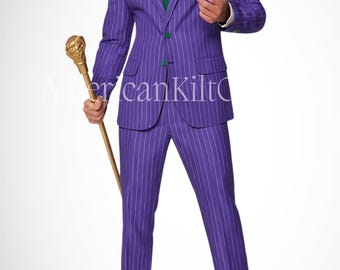 Joker Lila Randig Kostym | Skurk Cosplay Kostym | 2-delad Slim Fit Festklädsel med Grön Slips