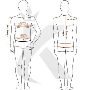 May include: Diagram showing how to measure chest, waist, shoulder, and arm length for a waistcoat or jacket. The measurements are shown on a line drawing of a person.
