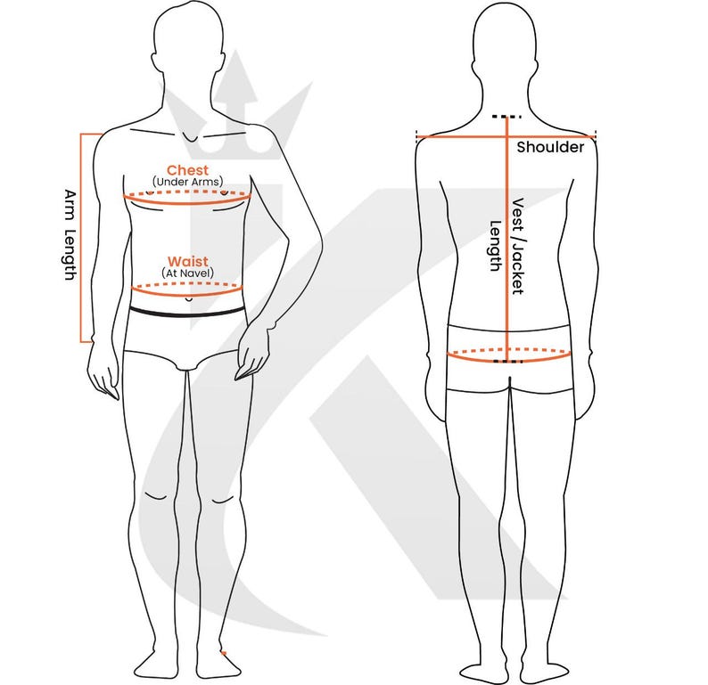 May include: Diagram showing how to measure chest, waist, shoulder, and arm length for a waistcoat or jacket. The measurements are shown on a line drawing of a person.