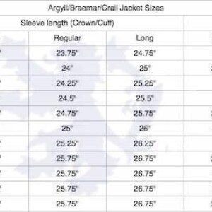May include: A chart showing jacket sizes for men's jackets. The chart includes measurements for chest, waist, sleeve length, and jacket length. The measurements are in inches.