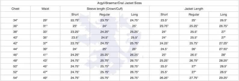 May include: A chart showing jacket sizes for men's jackets. The chart includes measurements for chest, waist, sleeve length, and jacket length. The measurements are in inches.