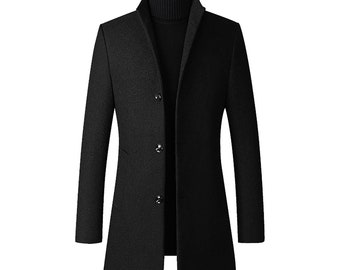 Cappotto da uomo in lana Melton nera – Trench coat in stile vintage